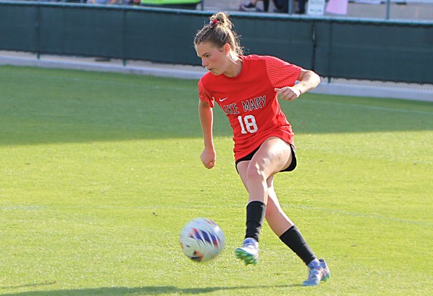 Lake Mary junior Teagan Jahns in action during Lake Mary's victory over Cypress Bay in the Class 7A girls state championship match at Spec Martin Stadium in DeLand. (Chris Hays/Orlando Sentinel)