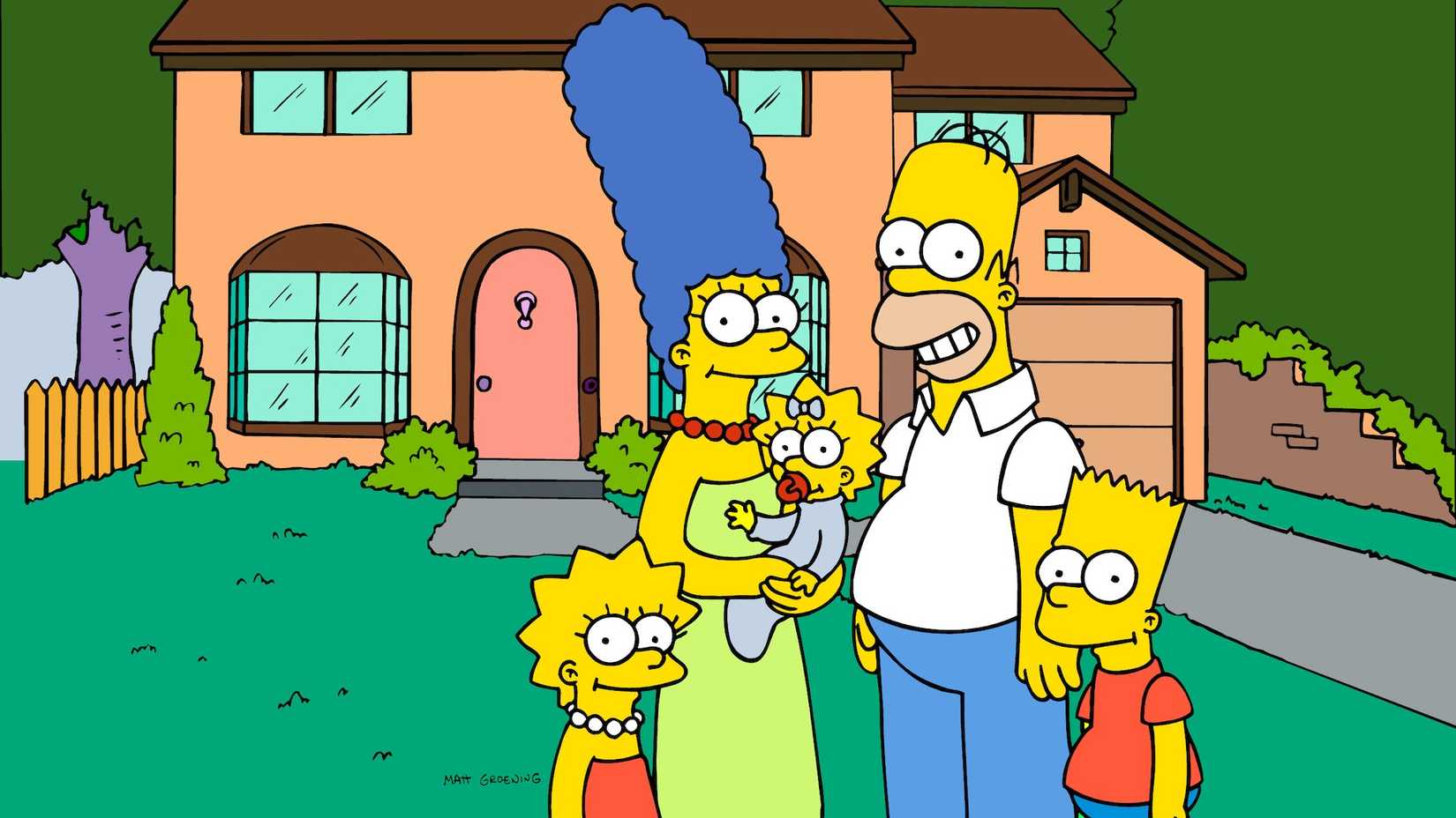 Homer, Marge, Lisa, Bart, and Maggie outside their house in The Simpsons