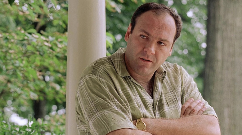 Tony Soprano (James Gandolfini) crosses his arms while leaning against a column in The Sopranos