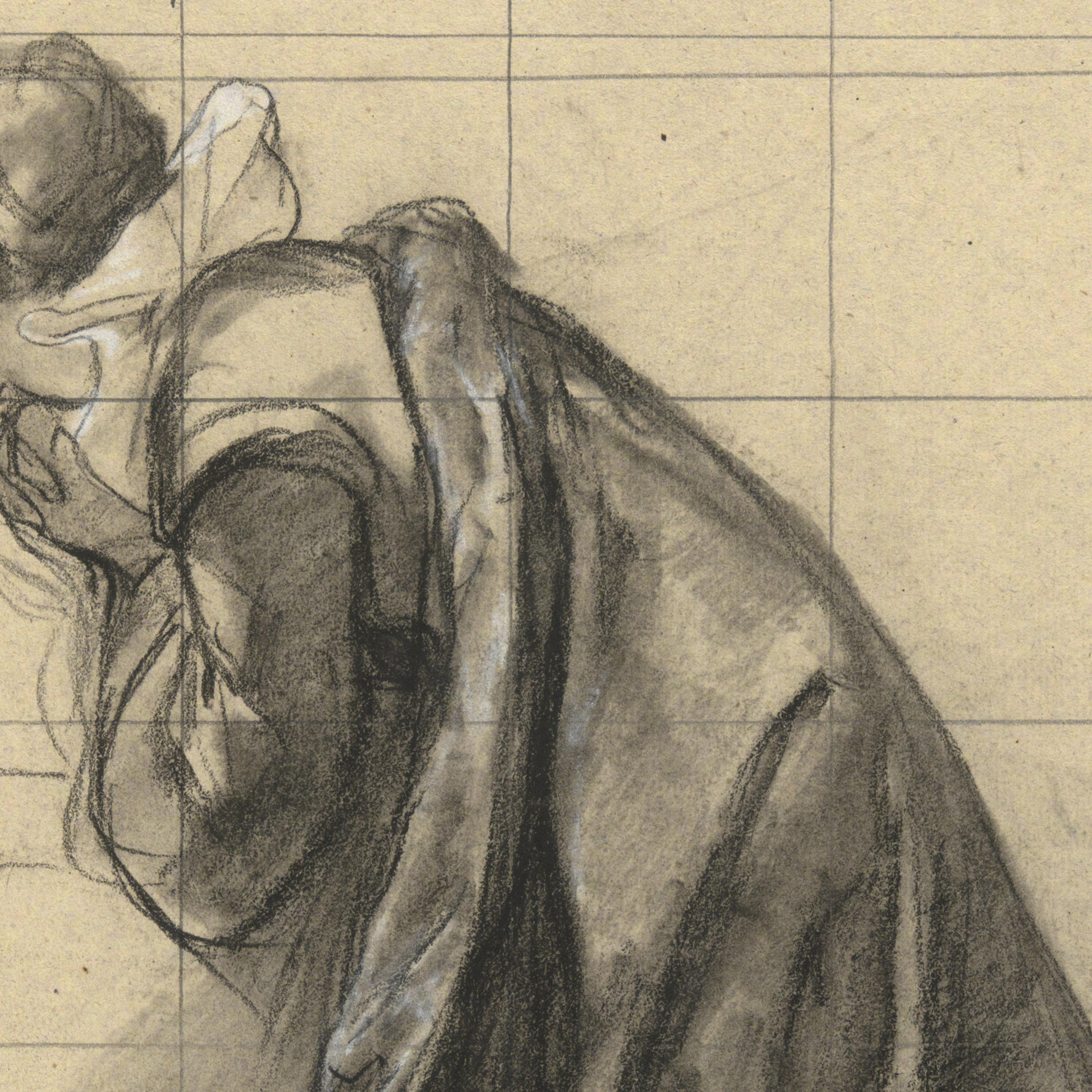 Sketch of a woman in historic attire with hands clasped, head bowed, drawn on gridded paper.