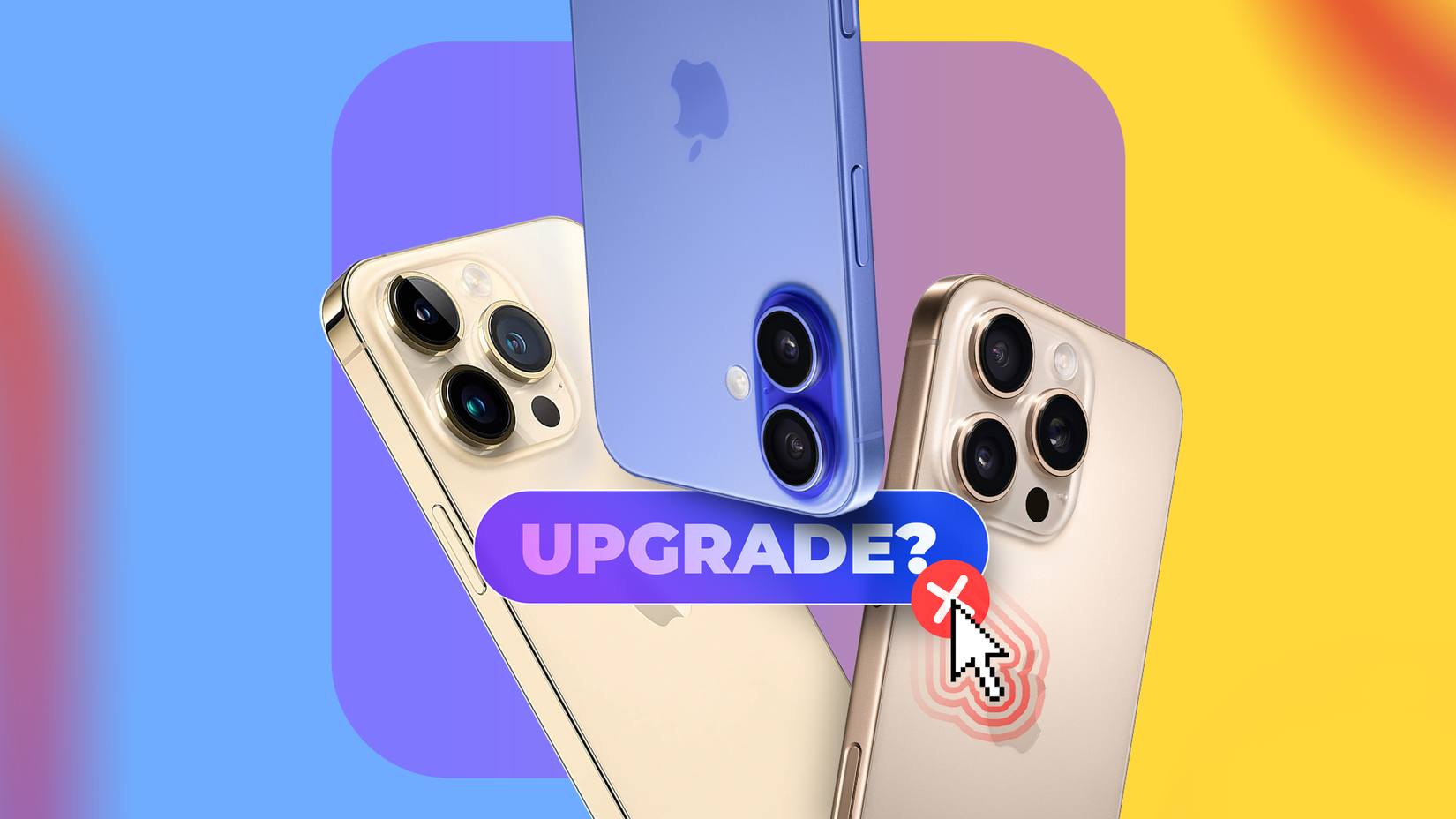 Three iPhones and an 'Upgrade' button in the center with a mouse hovering over it.