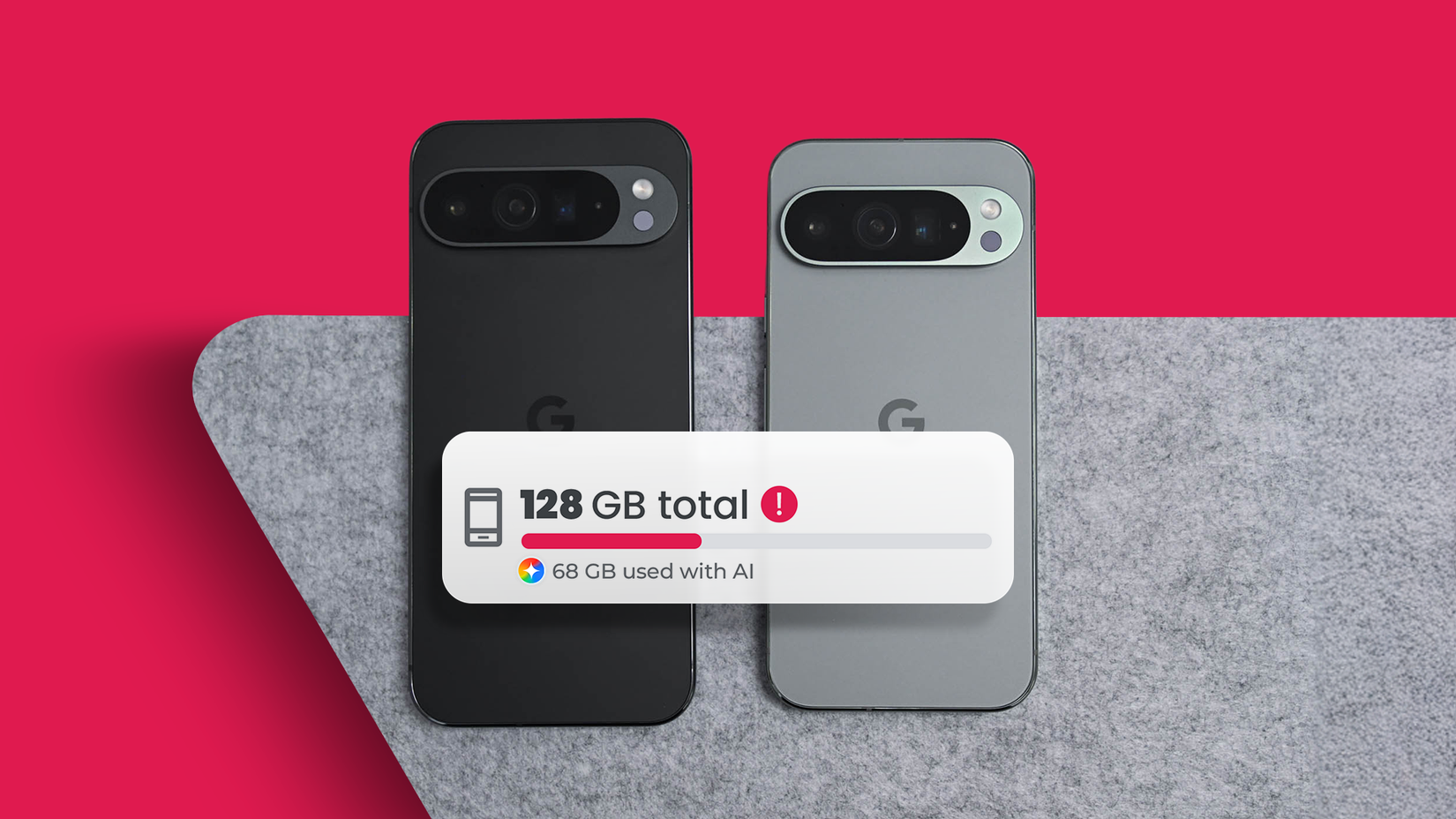 Two Google Pixel phones shown from the back with a storage alert card displayed in front.