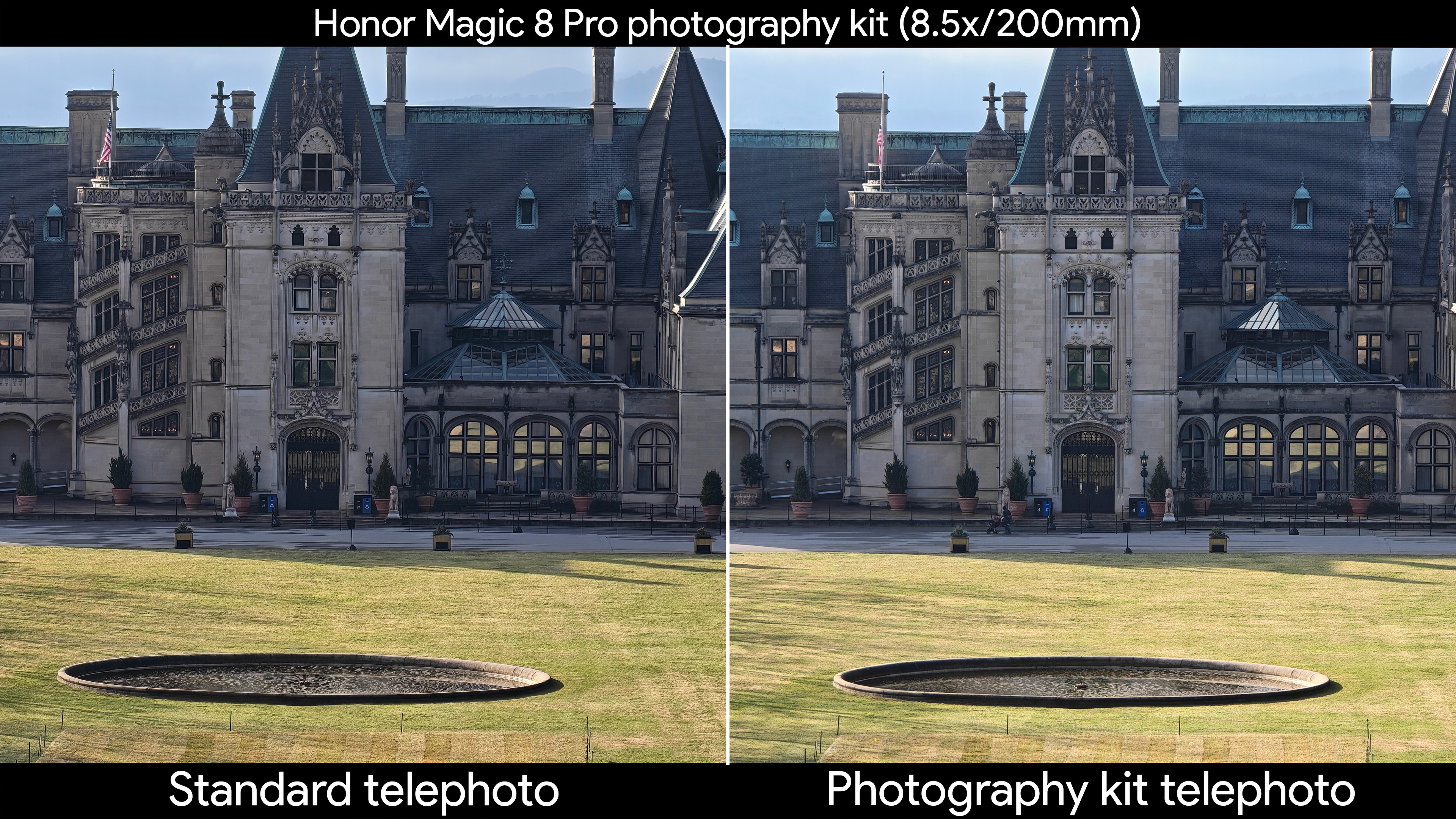 Comparing the Honor Magic 8 Pro's standard telephoto camera to the quality produced by the official photography kit's telephoto extender lens