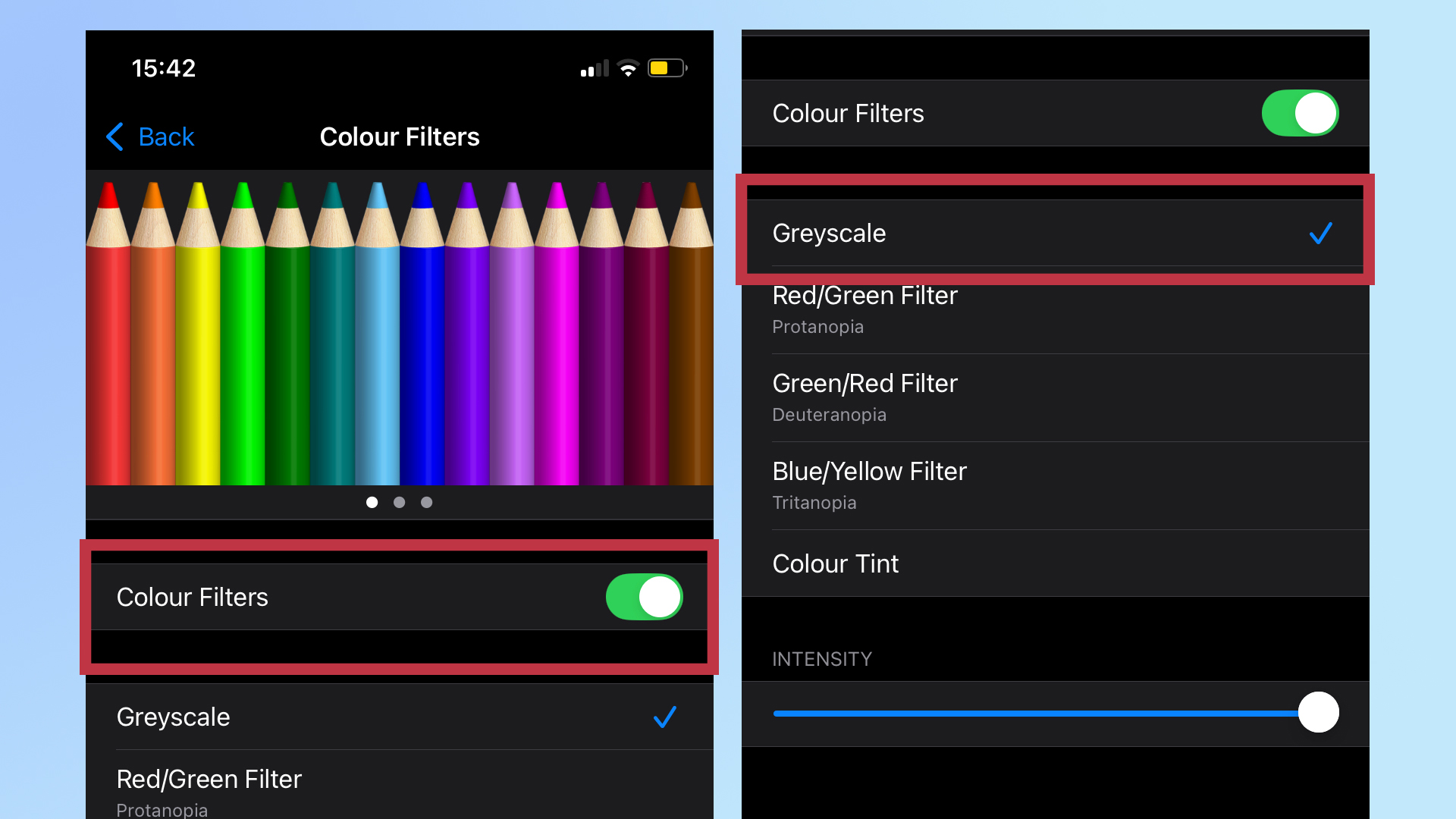 Two images of an iPhone interface. On the left, the Color Filters page, with the Color Filters toggle circled. On the right, the Color Filters page with the Grayscale option circled