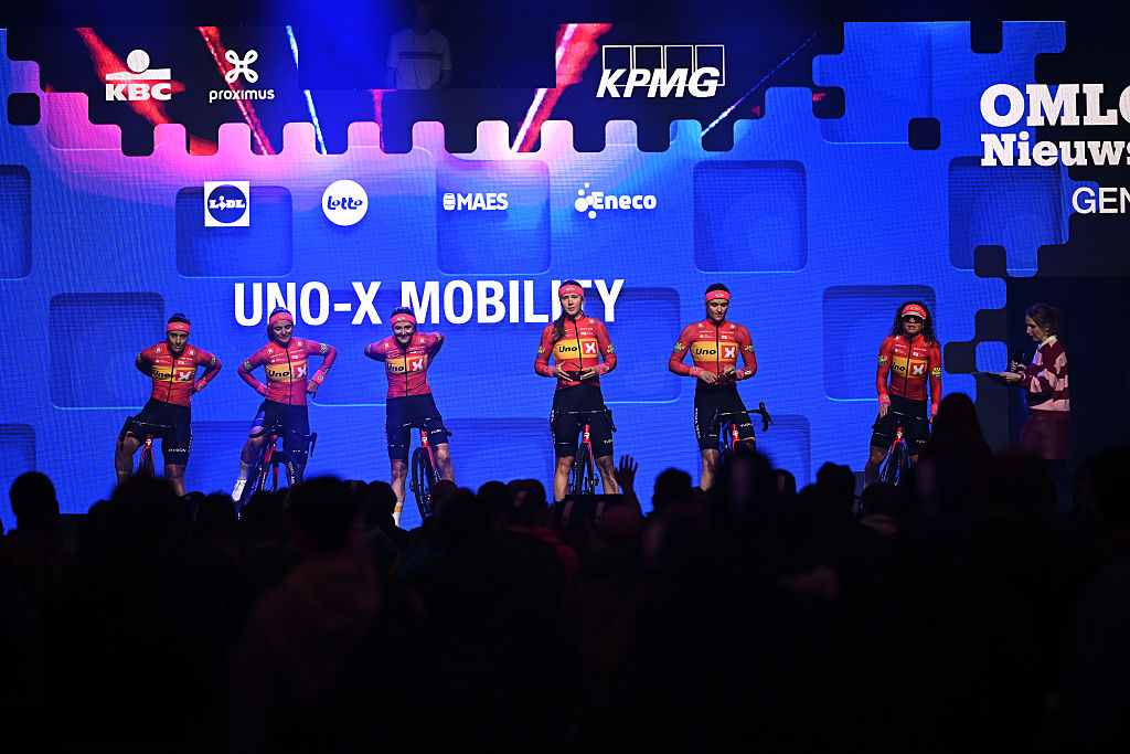 GHENT, BELGIUM - FEBRUARY 28: Susanne Andersen of Norway, Teuntje Beekhuis of Netherlands, Kamilla Aasebo of Norway, Laura Tomasi of Italy, Alessia Vigilia of Italy, Linda Zanetti of Switzerland and Team Uno-X Mobility prior to the 21st Omloop Het Nieuwsblad 2026, Women's Elite a 137.2km one day race from Ghent to Ninove / #UCIWWT / on February 28, 2026 in Ghent, Belgium. (Photo by Luc Claessen/Getty Images)