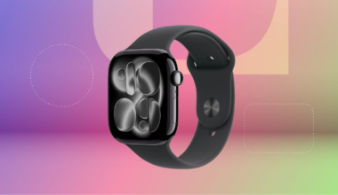 Apple Watch Series 11 with black wrist band against purple, pink and green CNET background.