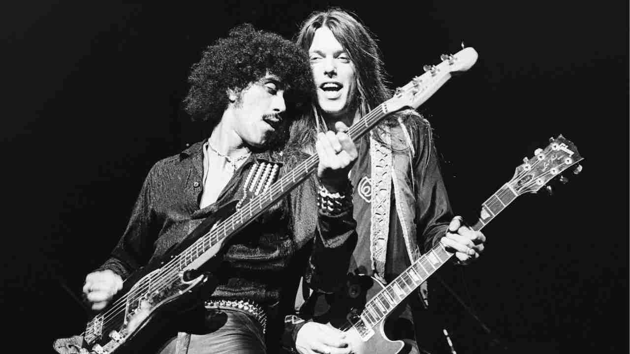 Thin Lizzy&rsquo;s Phil Lynott and Scott Gorham performing onstage in the 1970s