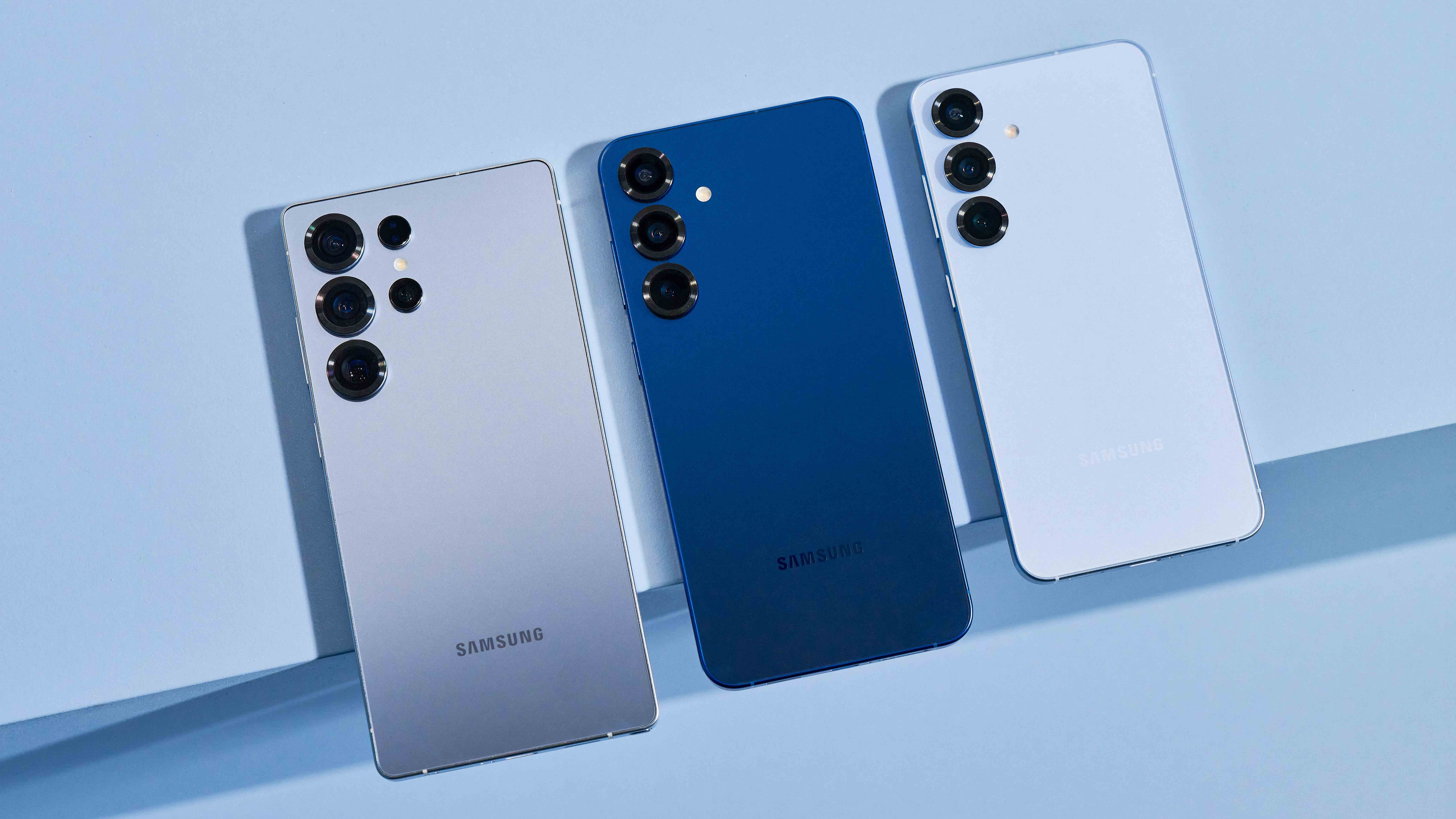 The Samsung Galaxy S25 Ultra, Galaxy S25 Plus, and Galaxy S25, next to each other.
