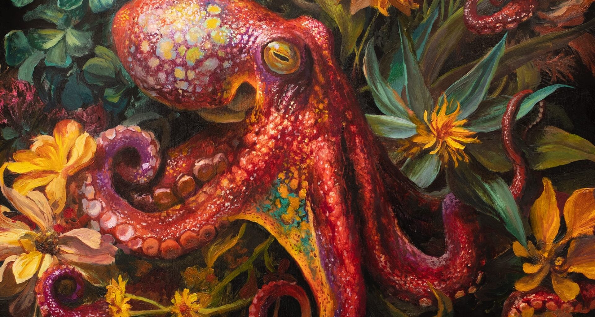 a round painting of flowers and a red octopus by Martin Wittfooth