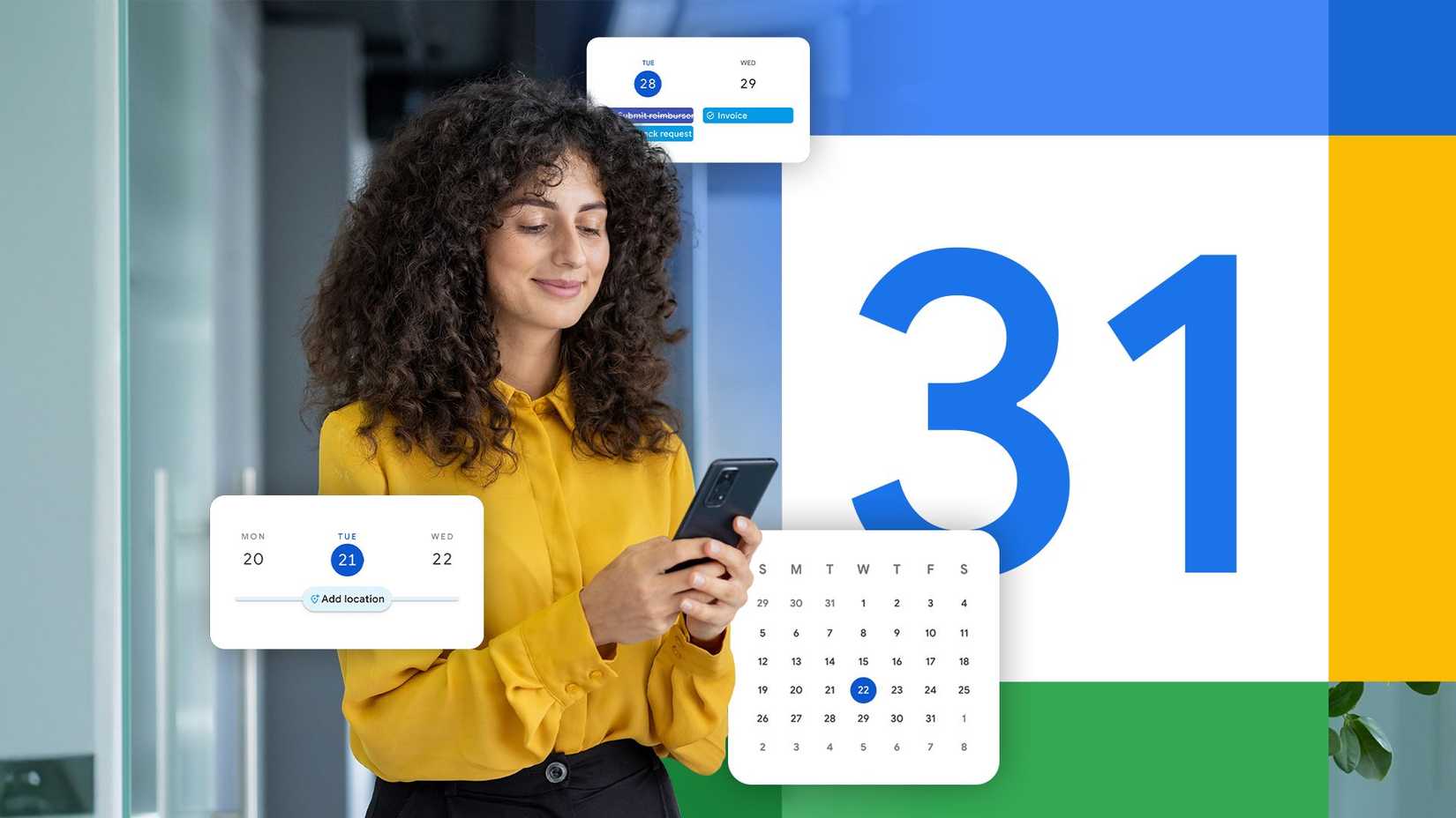 Woman using her smartphone, surrounded by some widgets and the large Google Calendar logo in the background