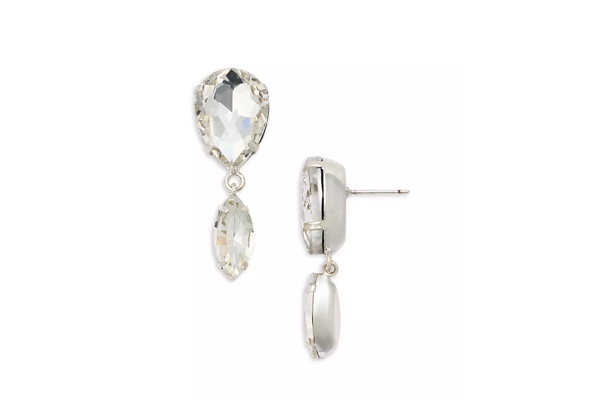A pair of drop earrings with clear teardrop and marquise crystals set in silver-toned metal.