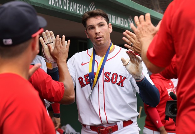 Boston Red Sox first baseman Triston Casas celebrates his solo home run during the first inning of a game at Fenway Park. (Nancy Lane/Boston Herald)