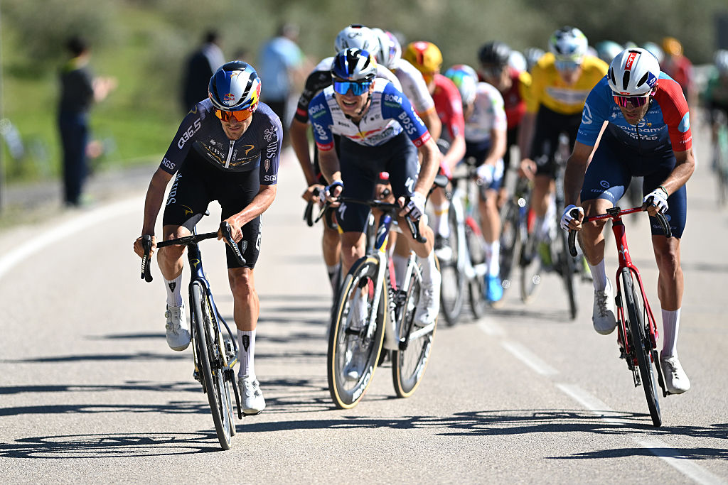 LUCENA, SPAIN - FEBRUARY 22: (L-R) Stage winner Thomas Pidcock of Great Britain and Team Pinarello Q36.5 Pro Cycling and Bastien Tronchon of France and Team Groupama - FDJ United attack during the 72nd Vuelta a Andalucia Ruta Ciclista Del Sol 2026, Stage 5 a 167.8km stage from La Roda de Andalucia to Lucena on February 22, 2026 in Lucena, Spain. (Photo by Szymon Gruchalski/Getty Images)