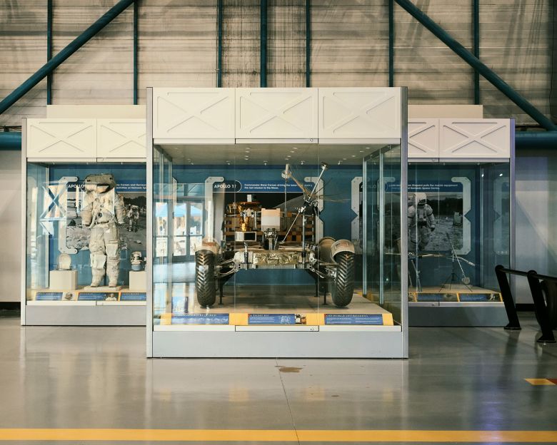 The Apollo 17 Land Rover is on display in the Apollo/Saturn V hangar at Kennedy Space Center.