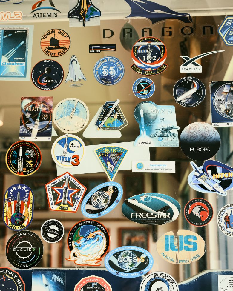 Mission stickers are displayed on the windows inside The Moon Hut.