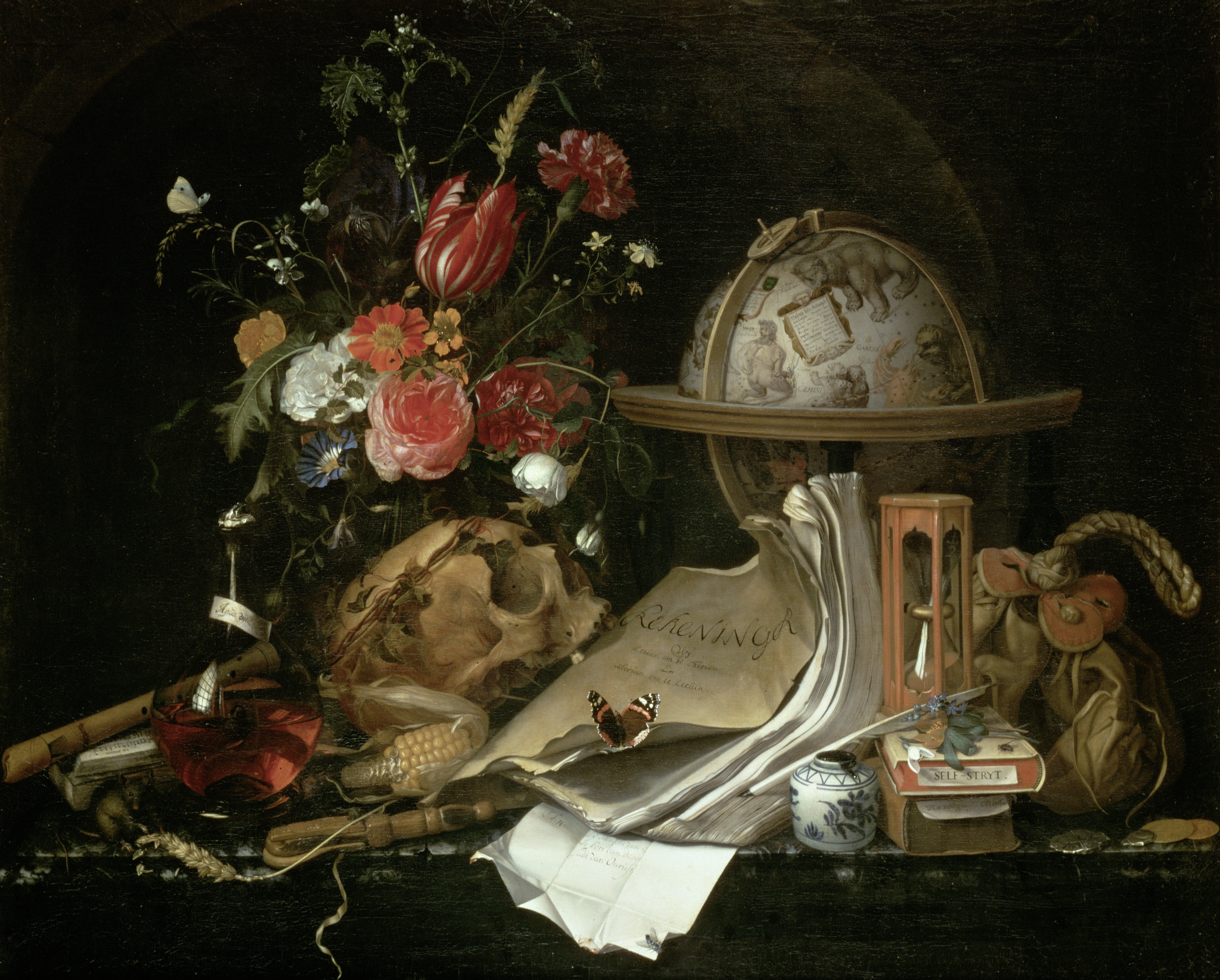 Illustration of Maria van Oosterwijk's 1668 "Vanitas Still Life" painting, featuring a dark background with a bouquet of flowers, a skull, a globe, a letter, an hourglass, and other symbolic objects.