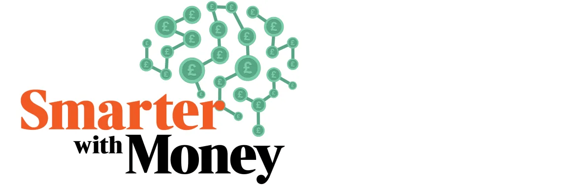 Illustration of the words "Smarter with Money" with a brain-shaped network of connected circles containing pound sterling symbols above it.