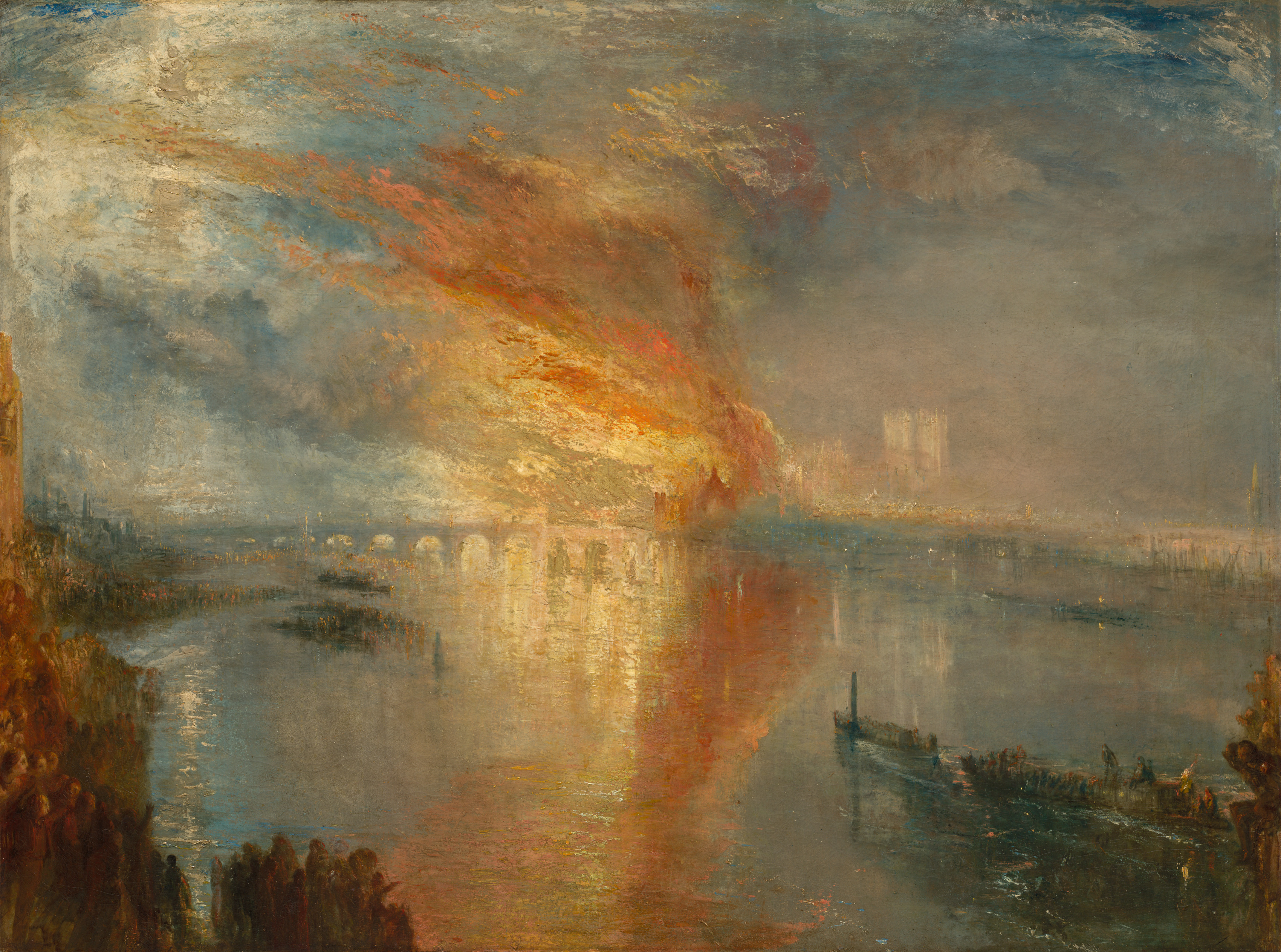 Painting of the Burning of the Houses of Lords and Commons in London, with flames reflected on the River Thames.
