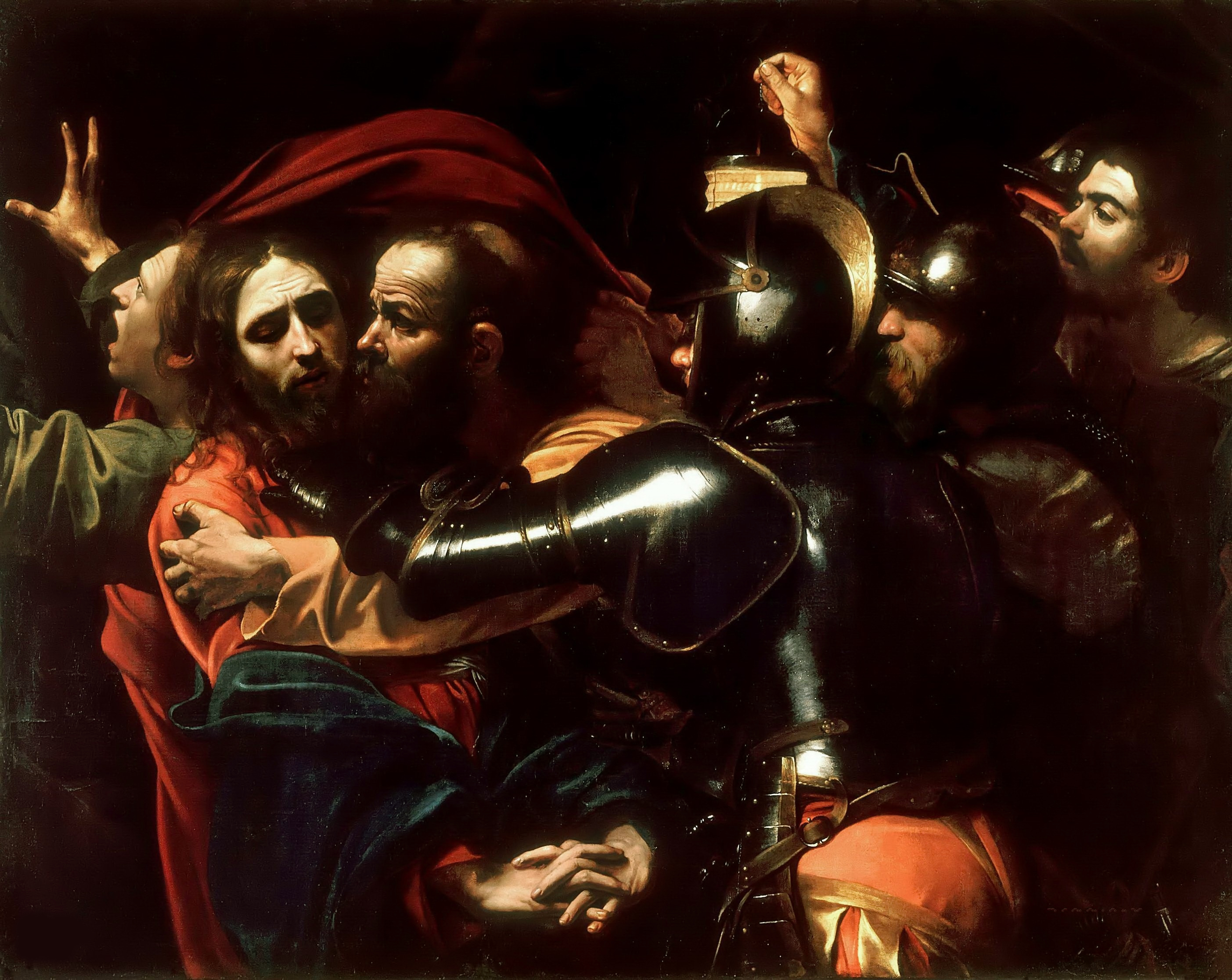 Painting depicting the betrayal of Christ by Judas and Roman soldiers.