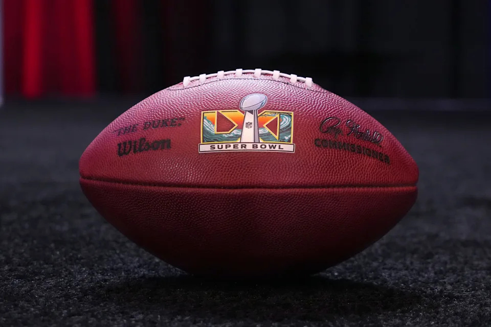 A NFL Wilson Duke official football with Super Bowl 61 (LXI) logo at the Super Bowl LX host committee handoff press conference at Moscone Center.
