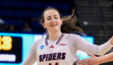 Mar 21, 2025; Los Angeles, California, USA; Richmond Spiders forward Maggie Doogan (44) celebrates with forward Addie Budnik (20) after scoring a basket during the first quarter of an NCAA Tournament first-round game at Pauley Pavilion presented by Wescom. Mandatory Credit: Robert Hanashiro-Imagn Images