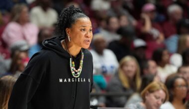 Feb 19, 2026; Tuscaloosa, AL, USA; South Carolina head coach Dawn Staley coaches her team as they play Alabama at Coleman Coliseum. Mandatory Credit: Gary Cosby Jr.-Tuscaloosa News