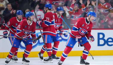 Feb 28, 2026; Montreal, Quebec, CAN; Montreal Canadiens defenseman Mike Matheson (8) celebrates with teammates after scoring a goal against the Washington Capitals during the second period at the Bell Centre. Mandatory Credit: Eric Bolte-Imagn Images