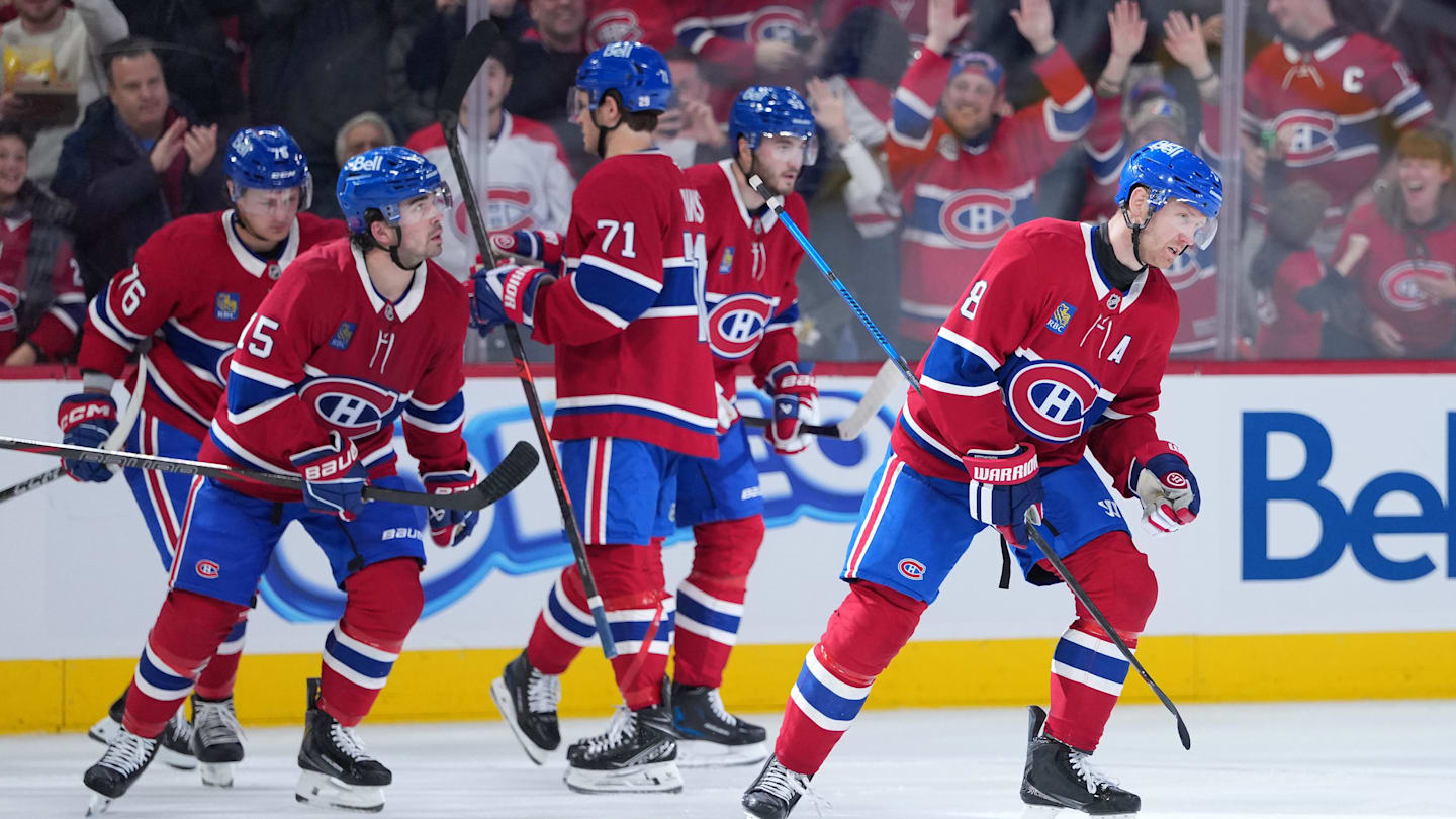 Feb 28, 2026; Montreal, Quebec, CAN; Montreal Canadiens defenseman Mike Matheson (8) celebrates with teammates after scoring a goal against the Washington Capitals during the second period at the Bell Centre. Mandatory Credit: Eric Bolte-Imagn Images