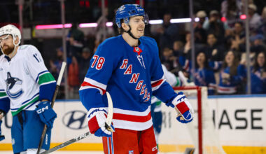 Mar 22, 2025; New York, New York, USA; New York Rangers left wing Brennan Othmann (78) reacts to a goal by defenseman K'Andre Miller (79) during the third period against the Vancouver Canucks at Madison Square Garden. Mandatory Credit: Danny Wild-Imagn Images