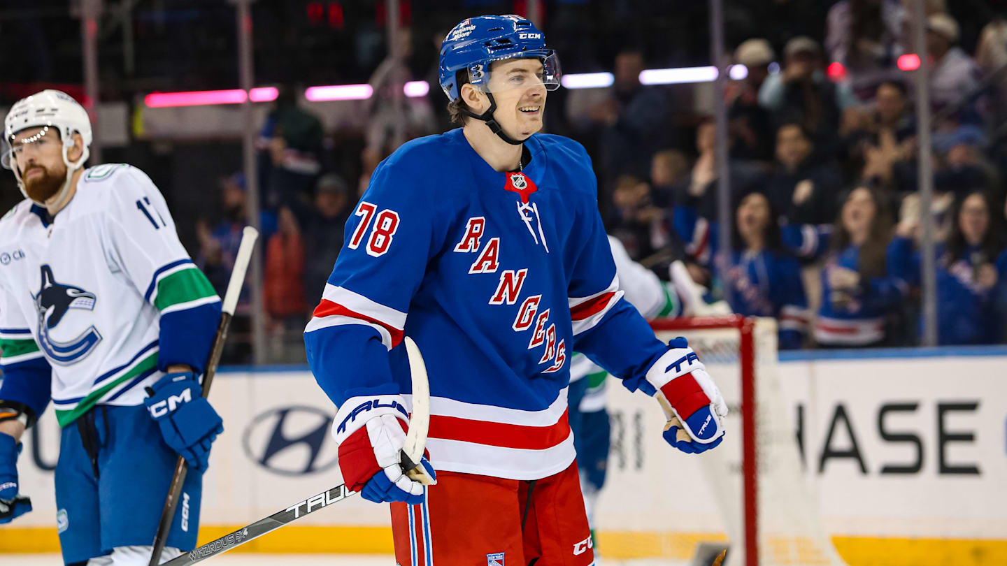 Mar 22, 2025; New York, New York, USA; New York Rangers left wing Brennan Othmann (78) reacts to a goal by defenseman K'Andre Miller (79) during the third period against the Vancouver Canucks at Madison Square Garden. Mandatory Credit: Danny Wild-Imagn Images