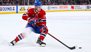 Feb 26, 2026; Montreal, Quebec, CAN; Montreal Canadiens left wing Juraj Slafkovsky (20) plays the puck against the New York Islanders during overtime at Bell Centre. Mandatory Credit: David Kirouac-Imagn Images