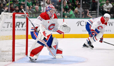 Jan 4, 2026; Dallas, Texas, USA; Montreal Canadiens goaltender Sam Montembeault (35) faces the Dallas Stars attack during the game between the Stars and the Canadiens at the American Airlines Center. Mandatory Credit: Jerome Miron-Imagn Images
