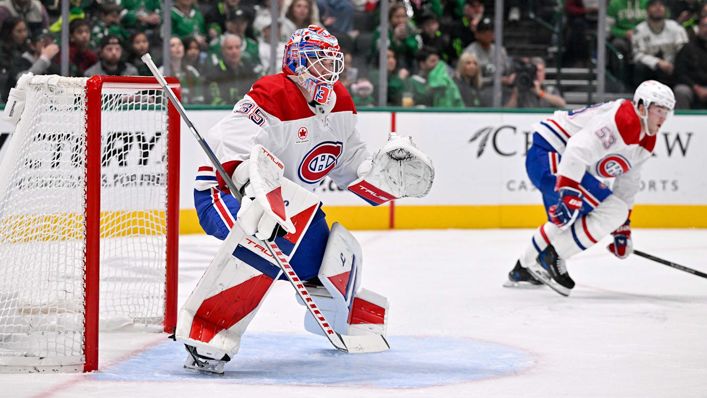 Jan 4, 2026; Dallas, Texas, USA; Montreal Canadiens goaltender Sam Montembeault (35) faces the Dallas Stars attack during the game between the Stars and the Canadiens at the American Airlines Center. Mandatory Credit: Jerome Miron-Imagn Images