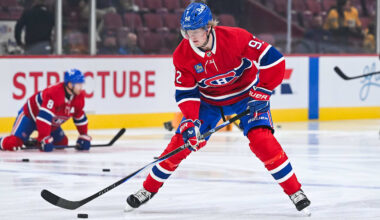 Oct 16, 2025; Montreal, Quebec, CAN; Montreal Canadiens right wing Patrik Laine (92) skates with a puck during warm-up before the game against the Nashville Predators at Bell Centre. Mandatory Credit: David Kirouac-Imagn Images