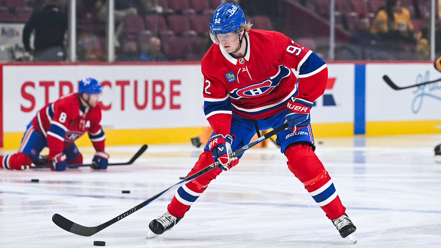 Oct 16, 2025; Montreal, Quebec, CAN; Montreal Canadiens right wing Patrik Laine (92) skates with a puck during warm-up before the game against the Nashville Predators at Bell Centre. Mandatory Credit: David Kirouac-Imagn Images