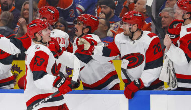 Mar 6, 2026; Edmonton, Alberta, CAN; The Carolina Hurricanes celebrate a goal scored by forward Jackson Blake (53) during the third period against the Edmonton Oilers at Rogers Place. Mandatory Credit: Perry Nelson-Imagn Images