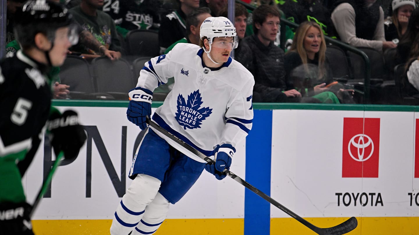 Dec 21, 2025; Dallas, Texas, USA; Toronto Maple Leafs center Bobby McMann (74) skates against the Dallas Stars during the game at the American Airlines Center. Mandatory Credit: Jerome Miron-Imagn Images