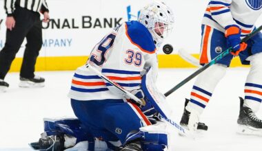 Mar 8, 2026; Las Vegas, Nevada, USA; Edmonton Oilers goaltender Connor Ingram (39) makes a save against the Vegas Golden Knights during the third period at T-Mobile Arena. Mandatory Credit: Stephen R. Sylvanie-Imagn Images