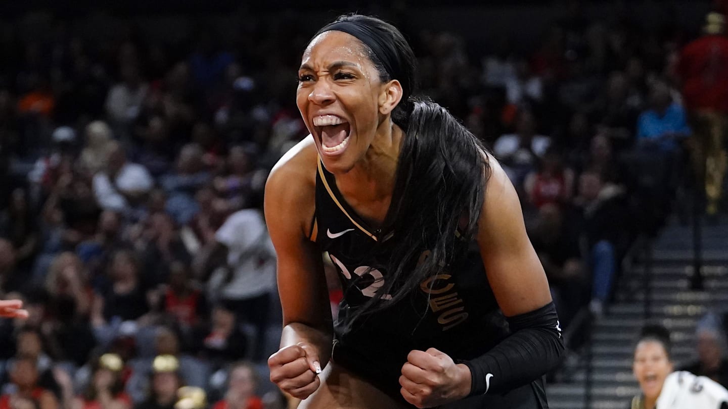 May 27, 2023; Las Vegas, Nevada, USA; Las Vegas Aces forward Aja Wilson (22) reacts during the second quarter against the Los Angeles Sparks at Michelob Ultra Arena. Mandatory Credit: Lucas Peltier-Imagn Images