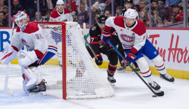 Mar 11, 2026; Ottawa, Ontario, CAN; Montreal Canadiens defenseman Mike Matheson (8) skates with the puck with Ottawa Senators left wing Warren Foegele (37) in pursuit during the first period at the Canadian Tire Centre. Mandatory Credit: Marc DesRosiers-IMAGN Images