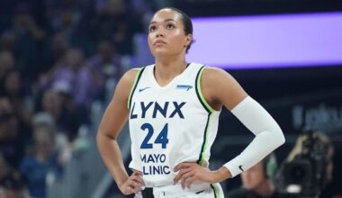 Sep 6, 2025; San Francisco, California, USA;  Minnesota Lynx forward Napheesa Collier (24) waits for action to start before the game against the Golden State Valkyries at Chase Center. Mandatory Credit: David Gonzales-Imagn Images