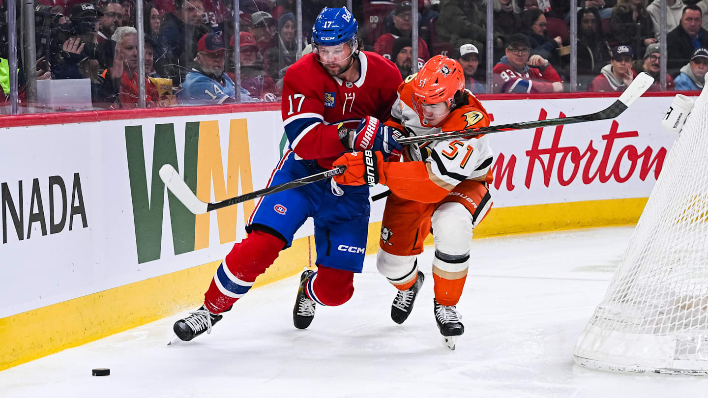 Mar 15, 2026; Montreal, Quebec, CAN; Montreal Canadiens right wing Josh Anderson (17) battles for the puck with Anaheim Ducks defenseman Olen Zellweger (51) during the first period at Bell Centre. Mandatory Credit: David Kirouac-Imagn Images