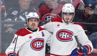 Feb 4, 2026; Winnipeg, Manitoba, CAN; Montreal Canadiens right wing Brendan Gallagher (11) celebrates a goal against the Winnipeg Jets with center Kirby Dach (77) in the third period at Canada Life Centre. Mandatory Credit: James Carey Lauder-Imagn Images
