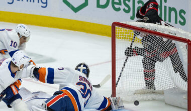 Mar 19, 2026; Ottawa, Ontario, CAN; Ottawa Senators left wing Warren Foegele (37) scores against New York Islanders goalie Ilya Sorokin (30) in the third period at the Canadian Tire Centre. Mandatory Credit: Marc DesRosiers-IMAGN Images