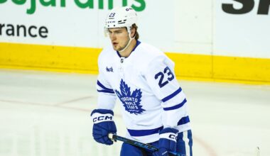 Feb 2, 2026; Calgary, Alberta, CAN; Toronto Maple Leafs left wing Matthew Knies (23) skates during the warmup period against the Calgary Flames at Scotiabank Saddledome. Mandatory Credit: Sergei Belski-Imagn Images