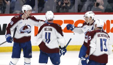 Mar 14, 2026; Winnipeg, Manitoba, CAN; Colorado Avalanche center Martin Necas (88) celebrates a goal against the Winnipeg Jets in the third period at Canada Life Centre. Mandatory Credit: James Carey Lauder-Imagn Images