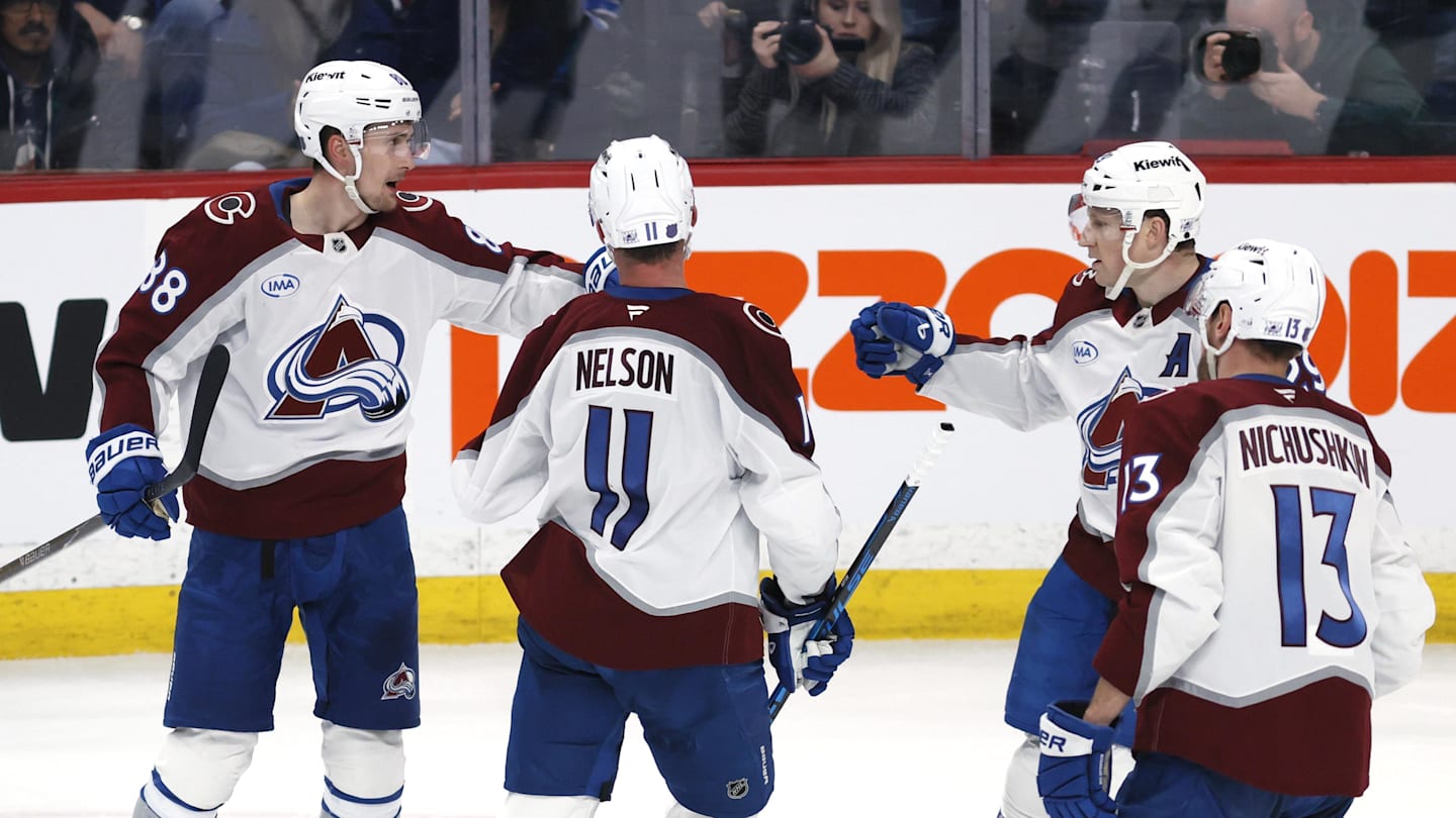 Mar 14, 2026; Winnipeg, Manitoba, CAN; Colorado Avalanche center Martin Necas (88) celebrates a goal against the Winnipeg Jets in the third period at Canada Life Centre. Mandatory Credit: James Carey Lauder-Imagn Images