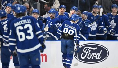 Dec 23, 2025; Toronto, Ontario, CAN;  Toronto Maple Leafs forward William Nylander (88) celebrates with team mates at the bench after scoring a goal against the Pittsburgh Penguins in the first period at Scotiabank Arena. Mandatory Credit: Dan Hamilton-Imagn Images