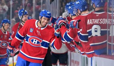 Mar 26, 2026; Montreal, Quebec, CAN; Montreal Canadiens defenseman Jayden Struble (47) celebrates with teammates after scoring a goal against the Columbus Blue Jackets during the first period at the Bell Centre. Mandatory Credit: Eric Bolte-Imagn Images