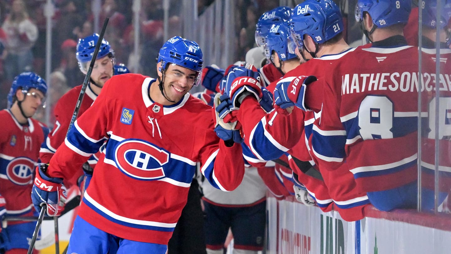 Mar 26, 2026; Montreal, Quebec, CAN; Montreal Canadiens defenseman Jayden Struble (47) celebrates with teammates after scoring a goal against the Columbus Blue Jackets during the first period at the Bell Centre. Mandatory Credit: Eric Bolte-Imagn Images
